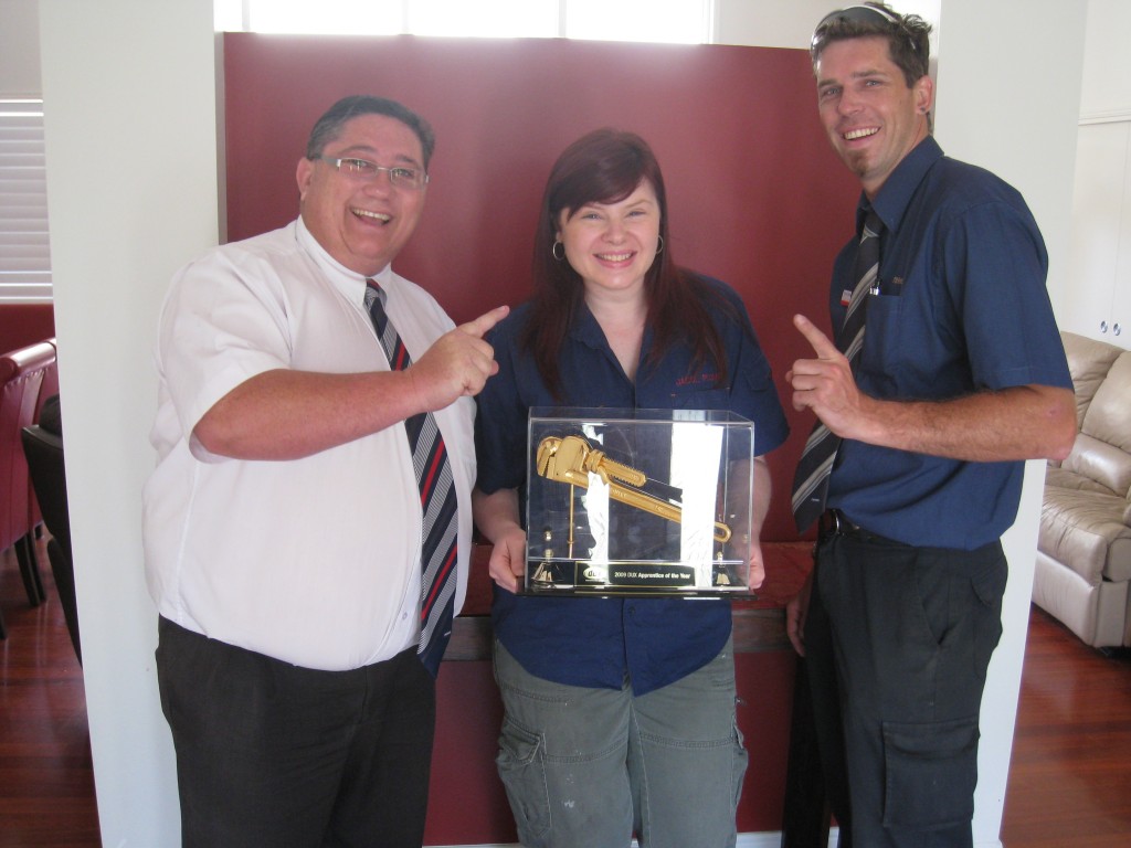 Receiving my Dux Australian Plumbing Apprentice of the Year Award 2009 with Reece Managers Des & Tony