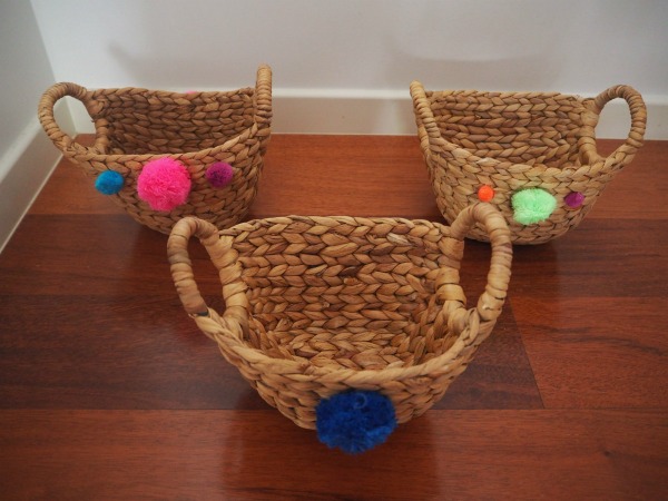 three diy pom pom gift basket glue