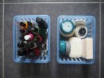 sort piles of products for decluttering bathroom vanity