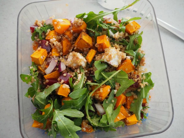 tradie's lunchbox roast pumpkin, feta and beetroot quinoa salad