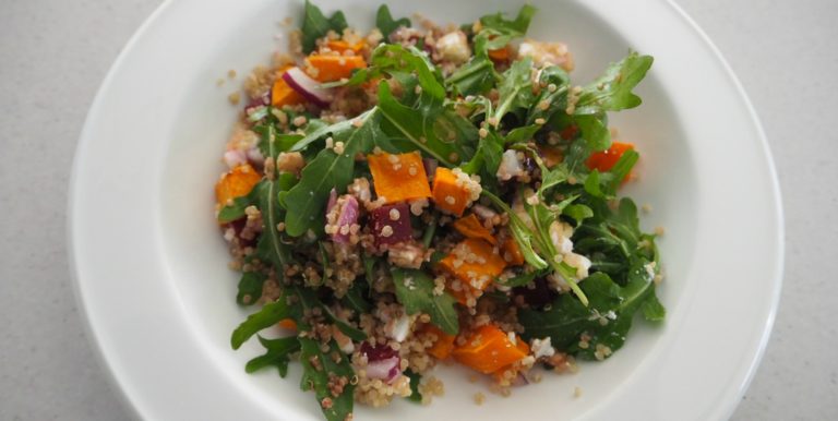 tradie's lunchbox roast pumpkin, feta and beetroot quinoa salad