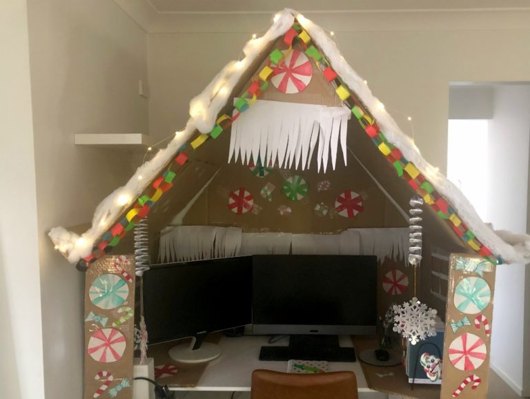 desk into a gingerbread house work at home